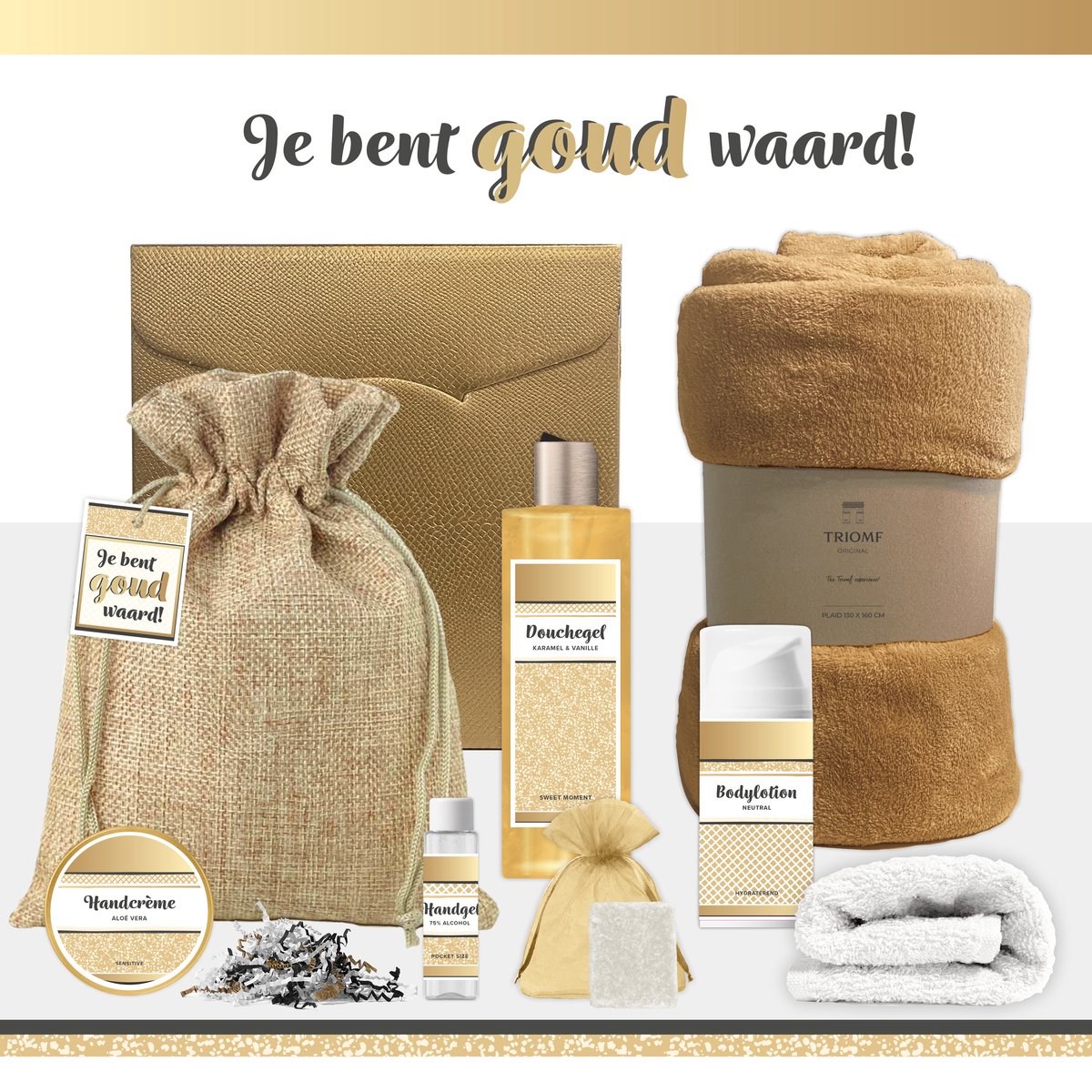 Goedkoopste Geschenkset “Je bent goud waard!” - 8 producten - 1090 gram | Cadeau Vrouw - Wellness Pakket Vrouw - Giftset Vriendin - Moeder - Cadeaupakket Collega - Cadeau Zus - Verjaardag Oma - Moederdag - Kerstpakket - Kerst Cadeau - Goud - Wit