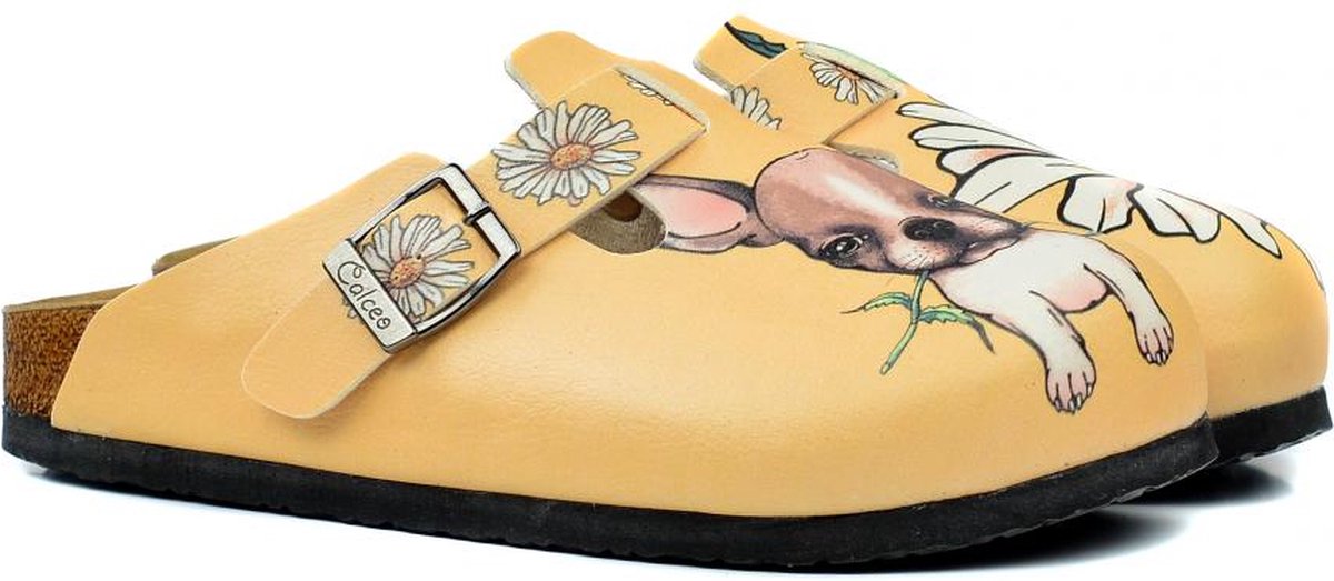 GOBY Clogs met Dog Holding Daisy Ontwerp Handgemaakt Hoge Kwaliteit