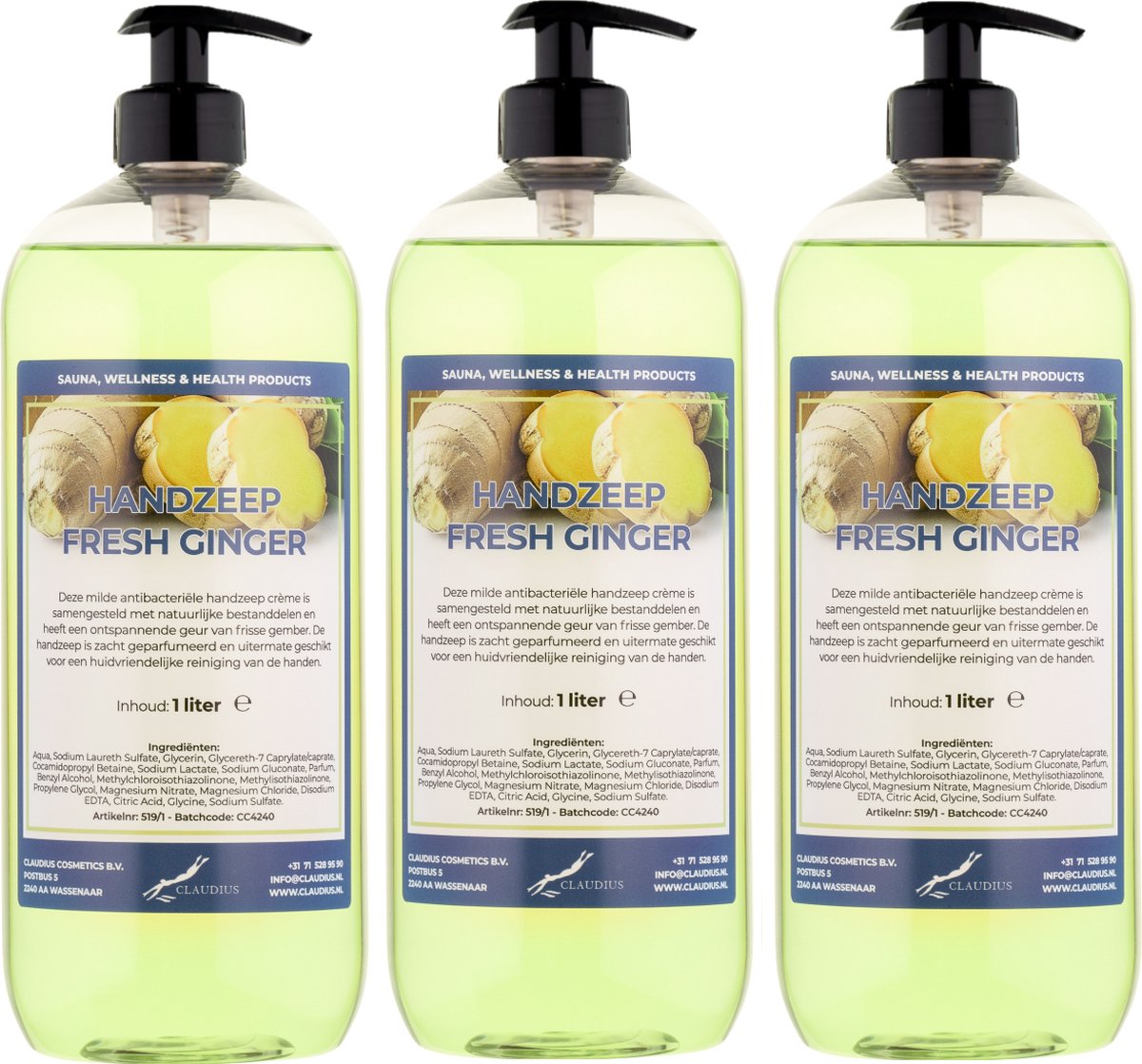 Goedkoopste Handzeep Fresh Ginger 1 liter - met gratis pomp - set van 3 stuks