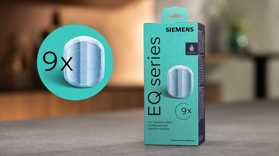 Een doos met 9 Siemens EQ series ontkalkingstabletten. Een cirkel toont een close-up van een tablet.