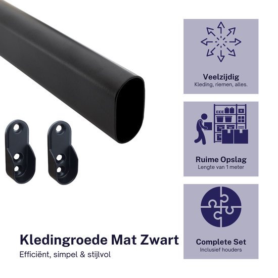 Foto: Kledingroede mat zwart inclusief houders 30x15mm 1 meter kastroede kledingstang kledingroeden