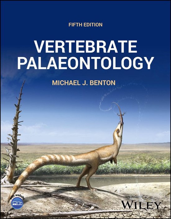Boekomslag: "Vertebrate Palaeontology" Vijfde editie door Michael J. Benton. Een uitgestorven dier jaagt op een hagedis.