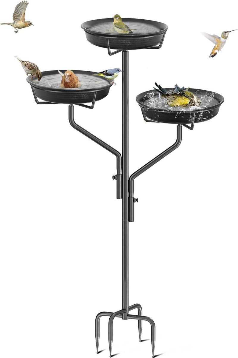 Vogelbad in de tuin - 3 kommen - Vrijstaand vogelbad - Waterbak buiten - Weerbestendig vogeldrinkstation - Zwarte Giyiprpi Bird Bath