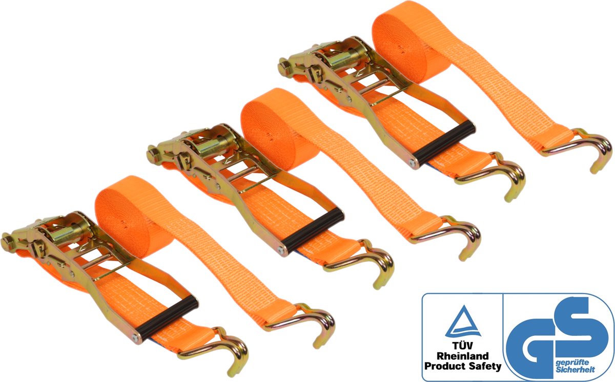 Spanbanden met ratel en haak - 50mm / 5 meter - 3T Capaciteit - TÜV-GS Gecertificeerd - 3 Stuks - Oranje Set