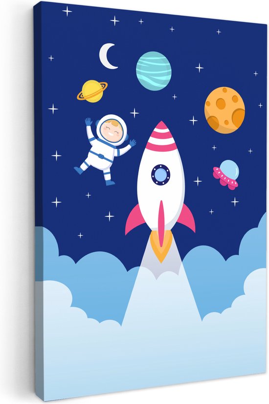 Canvas schilderij 40x60 cm - Wanddecoratie kinderkamer Raket - Ruimte - Astronaut - Blauw - Jongens - Muurdecoratie babykamer - Kamer decoratie voor jongens en meisjes - Baby accessoires - Schilderijen