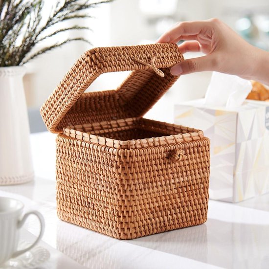 IGNPION Rotan Tissue Cover Houder Decoratie Organizer Doos Papier Opslag Case Dispenser Servet Facial voor House Office Auto Hotel (15 x 14 cm, Natuurlijk