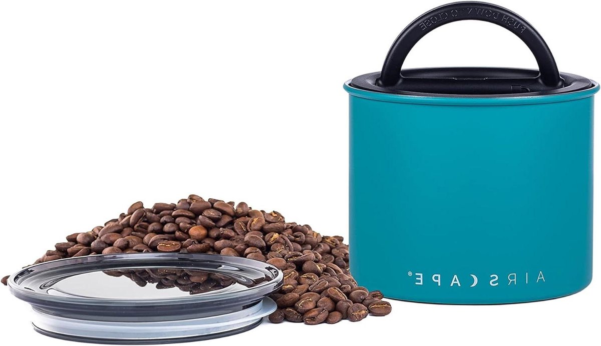 Airscape Mat turquoise voorraaddoos voor koffie en levensmiddelen inhoud 250 g hoogte 102 cm roestvrij staal gepatenteerd luchtdicht deksel