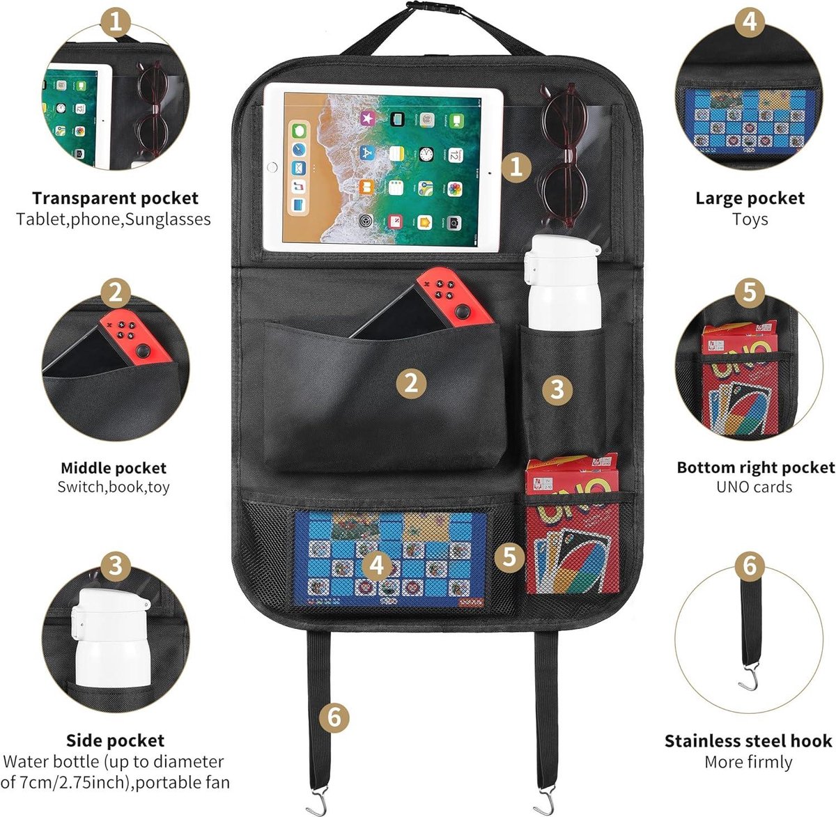 Autostoelorganizer achterbank-organizer met tablet- en telefoonopslag - waterdicht - multifunctioneel - autotas voor kinderen met LUCMO reistafel – foto 6