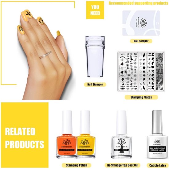 Hand met gele nagels en gele bloemen ontwerpen. Benodigdheden voor nail art: stempel, stempelplaten met bloemen en vlinders, lakken, top coat, cuticle latex.