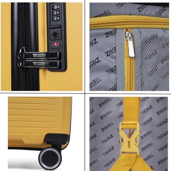 Gele koffer met TSA-combinatieslot, ritssluiting met TravelZ-logo en wieltjes.