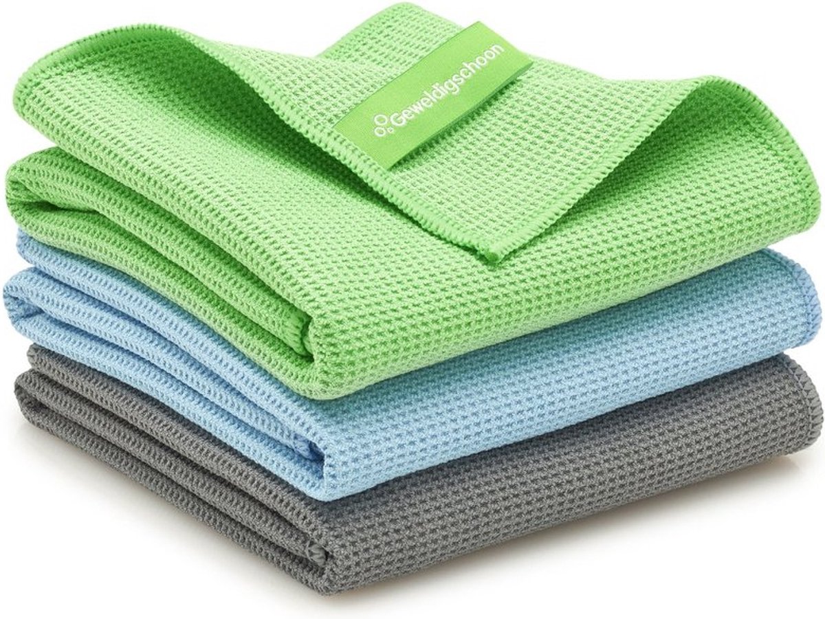 Goedkoopste Droogdoek (M) 3-pack, 45 x 60 cm | 3 kleuren, Blauw, Grijs & Groen | GEWELDIGSCHOON