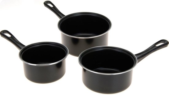 Excellent Houseware Pannenset 3-delig - steelpannen met anti aanbaklaag - zwart - diameter 14/16/18 cm