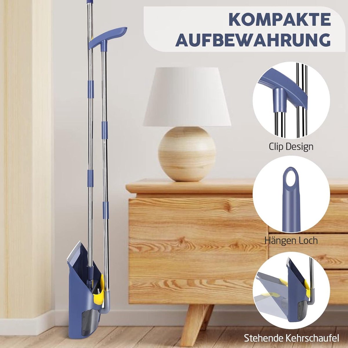 Set van 118 cm lange roestvrijstalen steel bezem en schep, verstelbaar, voor thuis, keuken, kantoor, straat (vierkant