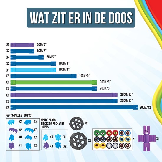 Wat zit er in de doos: Gekleurde buizen, verbindingsstukken, wielen en een paars figuur.