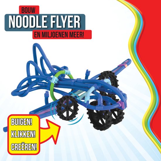 Blauw noodle flyer vliegtuig met zwarte wielen en gekleurde buizen, met de tekst: Buigen! Klikken! Creëren!