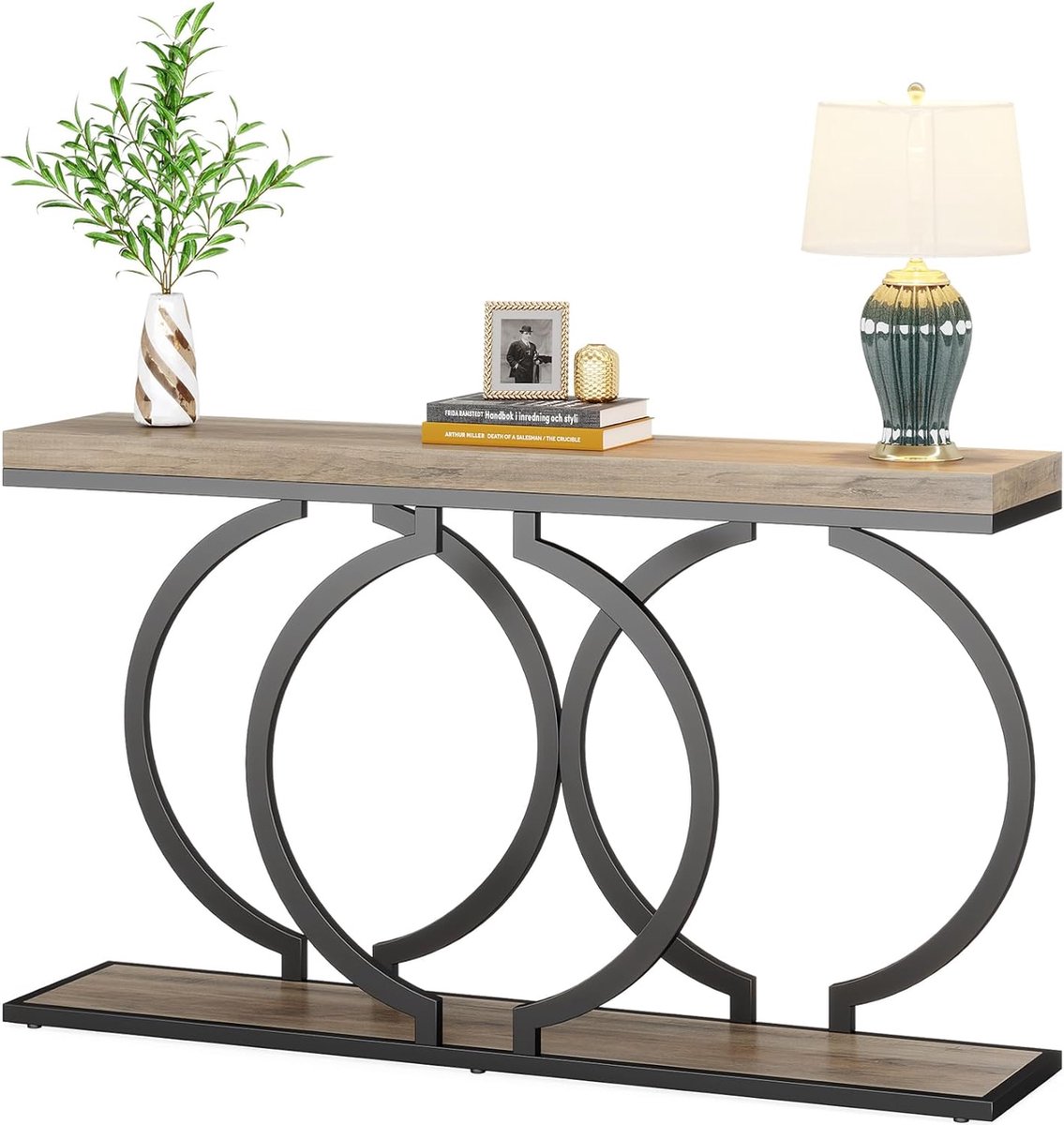 TRIBESIGNS Consoletafel - Sidetable met O-vormige gouden metalen poten - Haltafel - Wandtafel - 140x30x80 cm - Grijs / Zwart - Metaal / Hout - Modern - Console Tafel