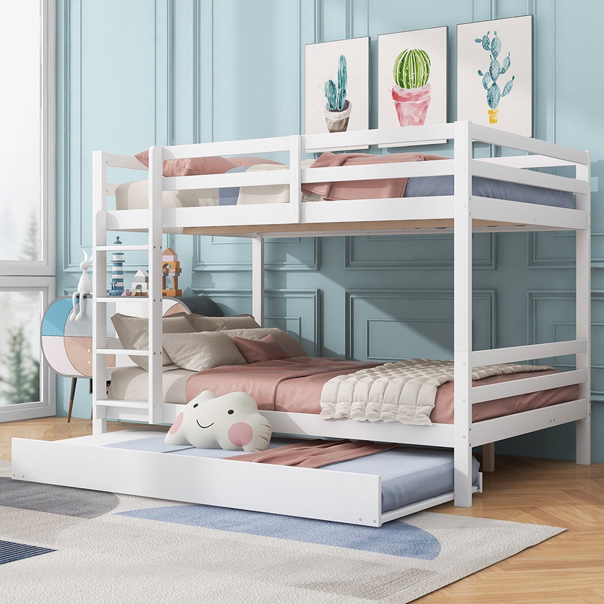 KOMHTOM Stapelbed Kinderbed 140x200 cm met onderschuifbed Hoge leuningen Stabiele trap Wit
