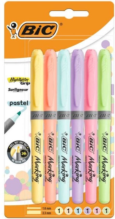 BIC Surligneur Grip Surligneurs pastel avec pointe biseautée réglable - Couleurs assorties - Lot de 6