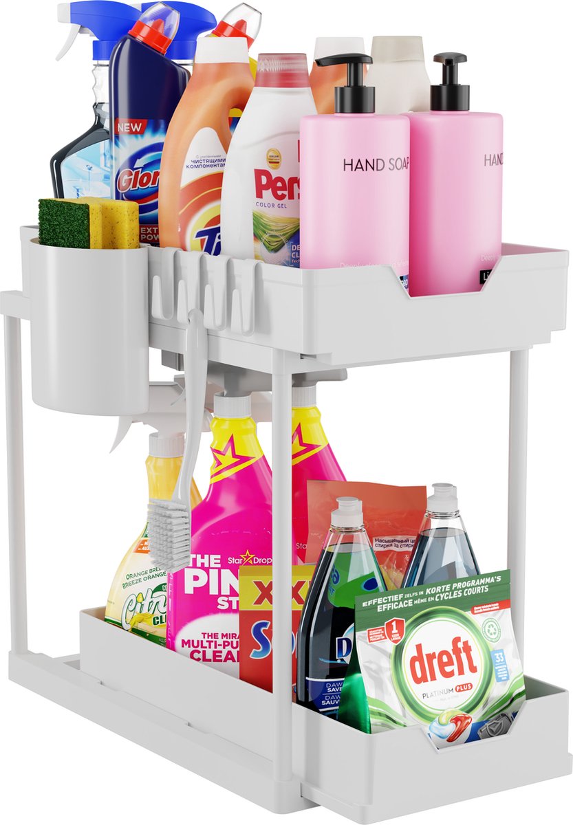Posity Gootsteenkast Organizer - Keukenkastje Organizer - Schuiflade - Kast Organizer - Badkamer Organizer - Aanrecht Organiser - 2 Uitschuifbare Lades - Wit
