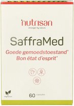 Doosje van SaffraMed 60 vegetarische capsules met Nutrisan logo en productinformatie.