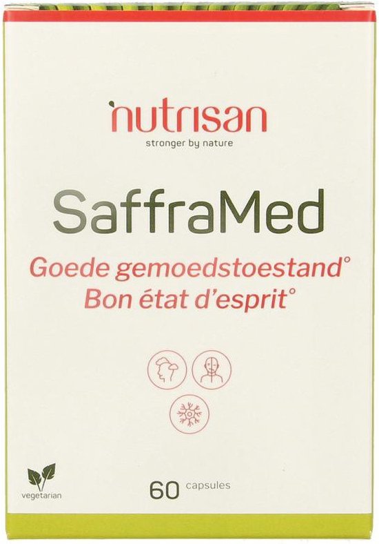 Doosje van SaffraMed 60 vegetarische capsules met Nutrisan logo en productinformatie.