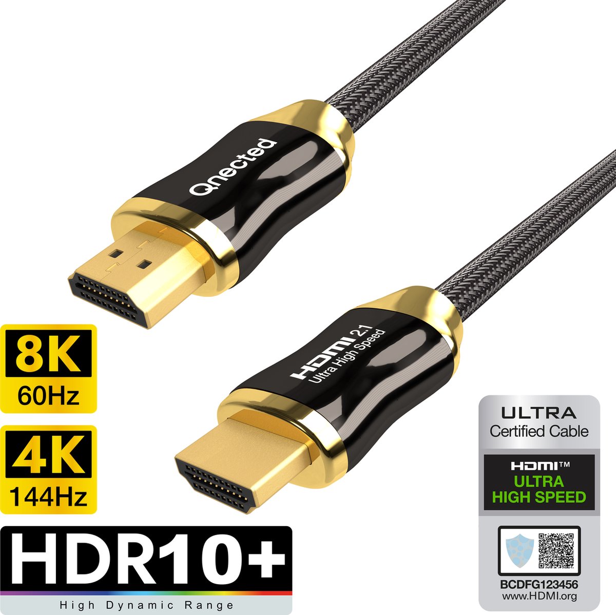 Qnected® HDMI 2.1 kabel 5 meter - 4K@120Hz 4K@144Hz 8K@60Hz - HDR10+ Dolby Vision - eARC - Ultra Certified Cable - Ultra High Speed - 48 Gbps | Geschikt voor PlayStation 5 - Xbox Series X & S - TV - Monitor - PC - Laptop - Beamer