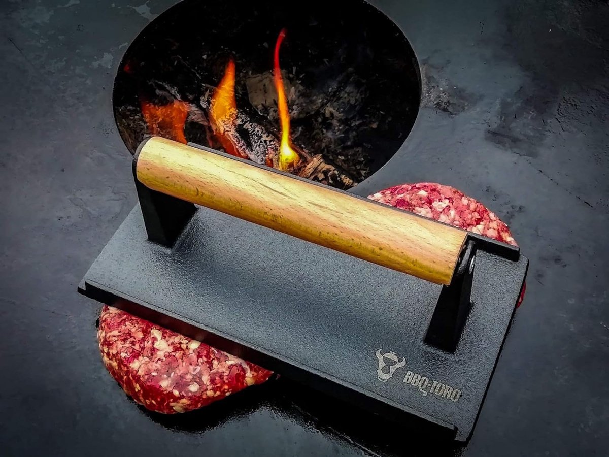 Manucode Pro-Grade 20,5 cm roestvrijstalen grillpers – 1,42 kg zwaar gebruiksklaar smashburgerpers met houten handgreep zonder draaifunctie - Perfect voor grillliefhebbers