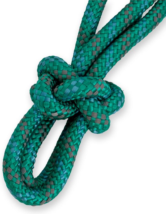 Detail van turkoois gevlochten touw met een knoop.
