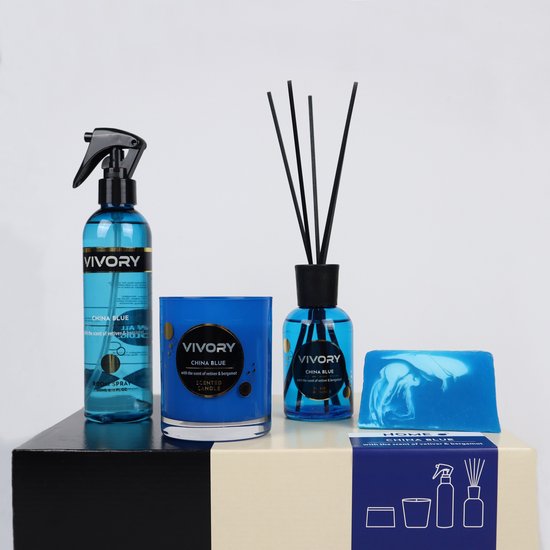 Vivory Luxe Geschenkset - 4 grote producten warme geur van vettiger & bergamot VOORDEEL AANBIEDING, China Blue collectie