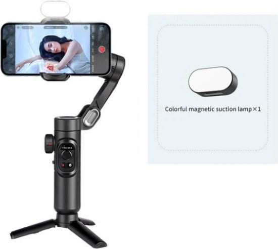 Zwarte smartphone gimbal met statief en een witte magnetische lamp ernaast.