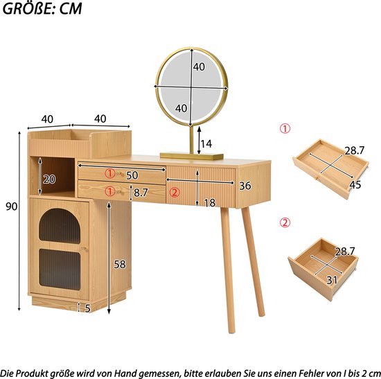 Kaptafel Met Spiegel En Led-Verlichting, Make-Upijdelheid Met Zijkast En 6 Lades, Moderne Make-Uptafel Met Kruk, Luxe Make-Upbureau Voor Kleine Appartementen Voor Slaapkamer (Color : Beige, Size : L
