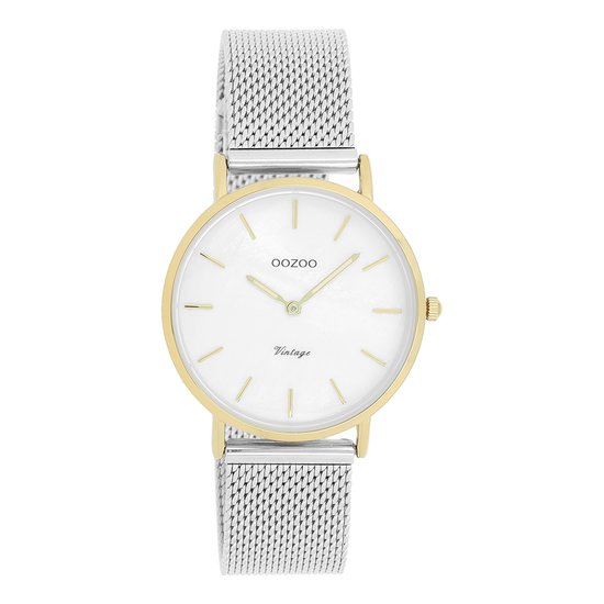 OOZOO Timepieces - Goudkleurige horloge met zilverkleurige metalen mesh armband - C20124