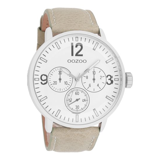 OOZOO Timepieces - Zilverkleurige horloge met beige leren band - C7046