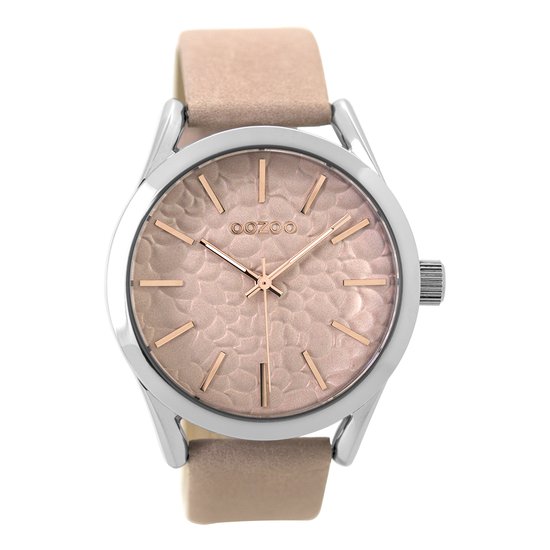 OOZOO Timepieces - Zilverkleurige horloge met oud roze leren band - C9472
