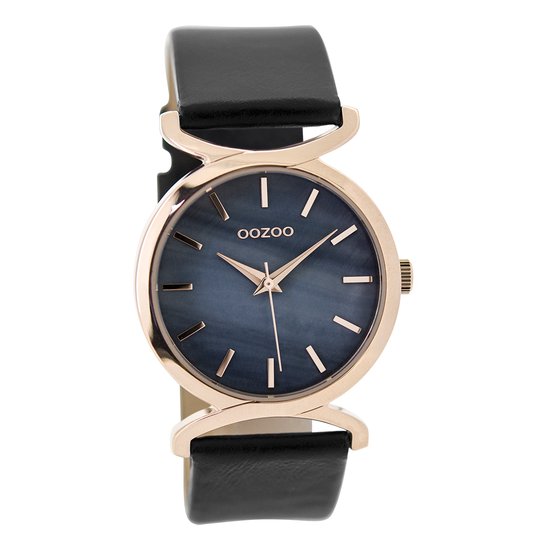 OOZOO Timepieces - Rosé goudkleurige horloge met zwarte leren band - C9529