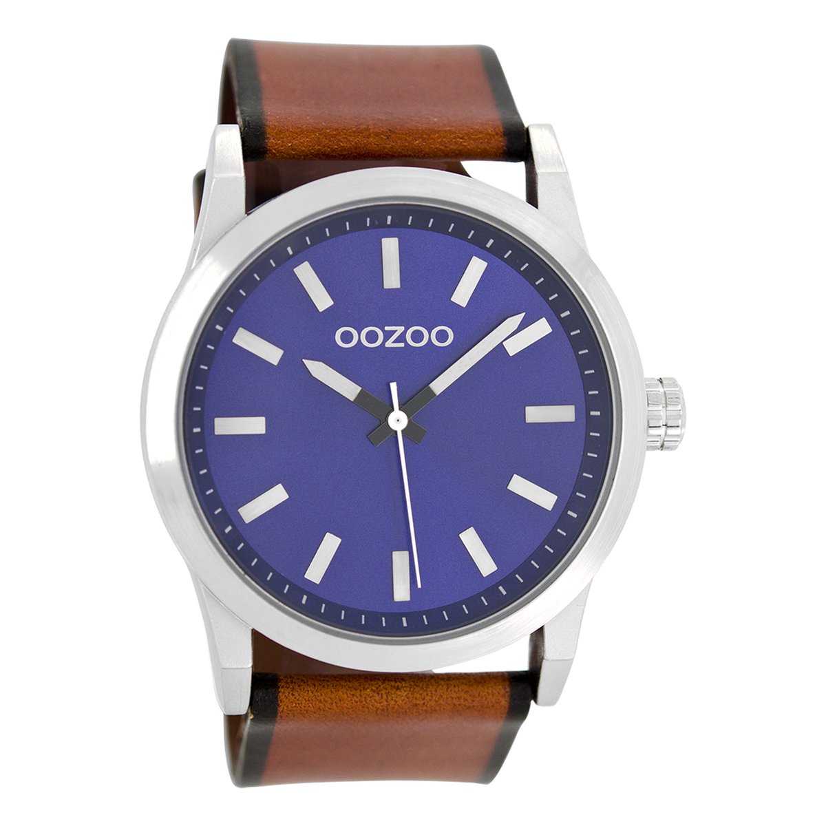 OOZOO Timepieces - Zilverkleurige horloge met bruine leren band - C7037