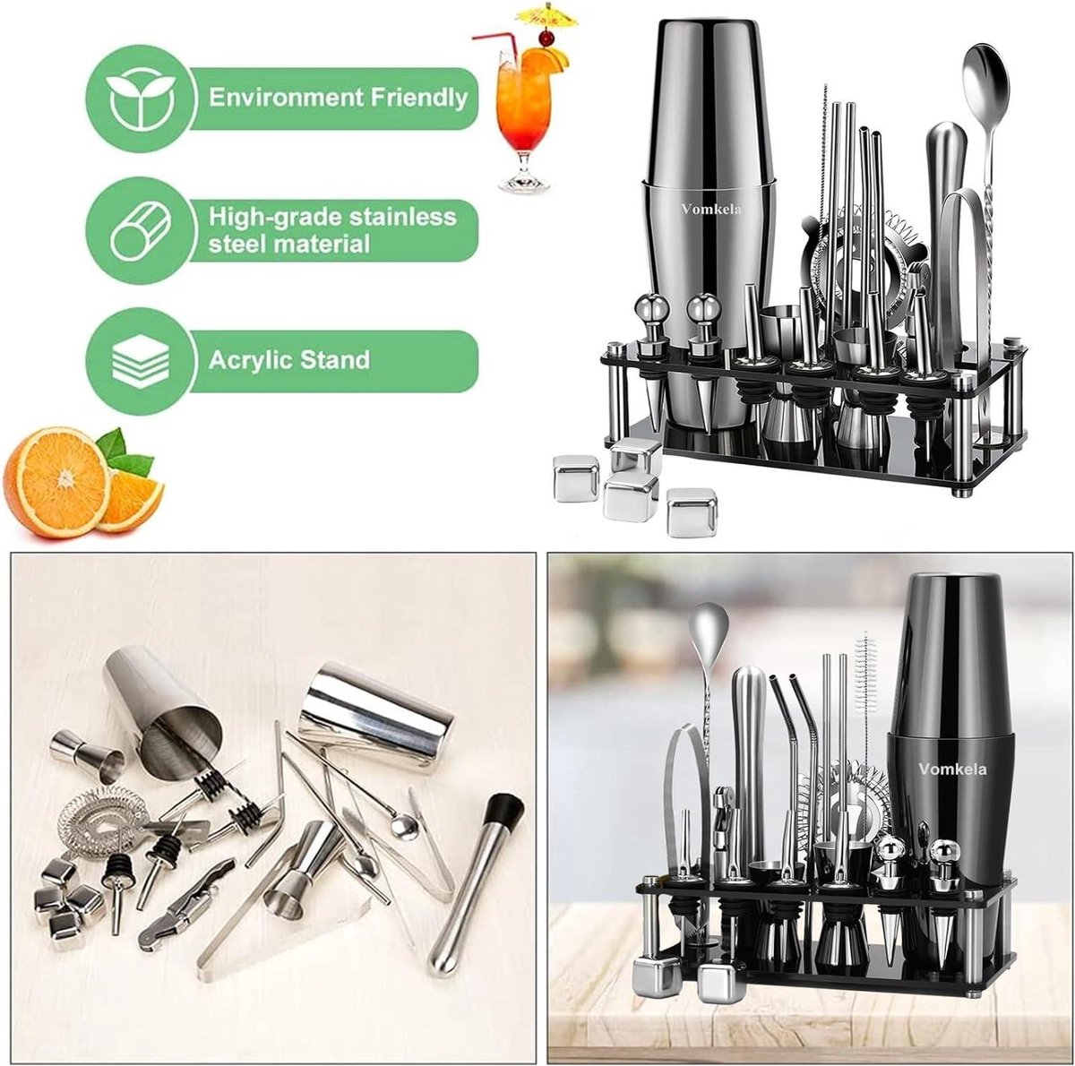 JK24 Boston Cocktail Shaker set met standaard 25 stuks baraccessoires roestvrij staal cocktailshaker 750 ml cocktailmixer bartuit bardecoratie geschenken cocktail Vomkela bar set