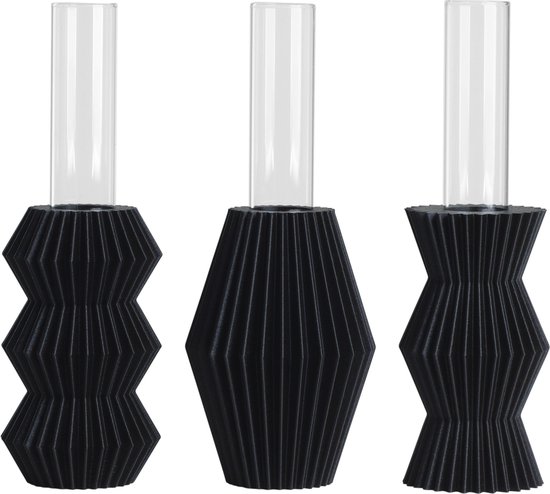 Slimprint Set van 3 Origami Vaasjes, Mat Zwart, Kleine Vazen voor Droogbloemen, Inclusief Glazen Inzetvaas (20 cm), Gerecycled Kunststof