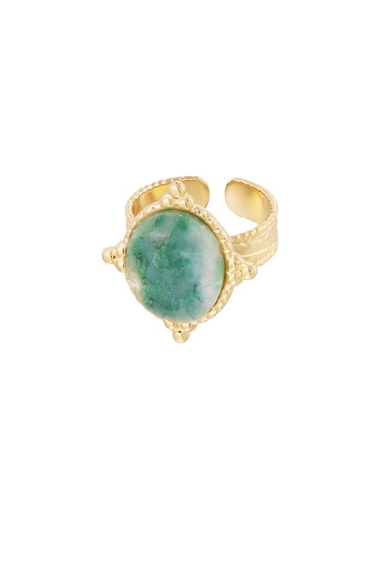 Dames ring - Ring stone met decoratie - Groen met Goud - One size - Verstelbaar