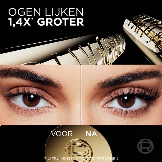 Split afbeelding: bovenkant toont gouden mascara, onderkant toont ogen voor en na mascara. Tekst: 'OGEN LIJKEN 1,4X GROTER'.