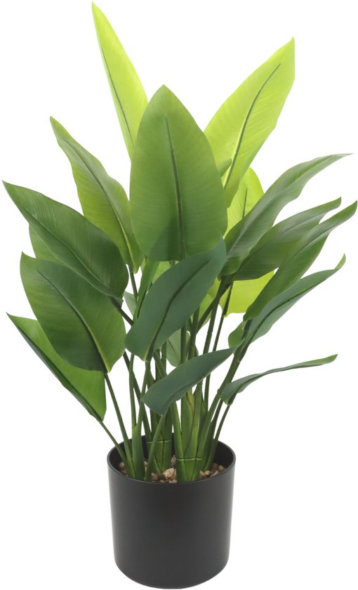 Een grote groene kunstplant in een zwarte pot, met heldergroene bladeren.