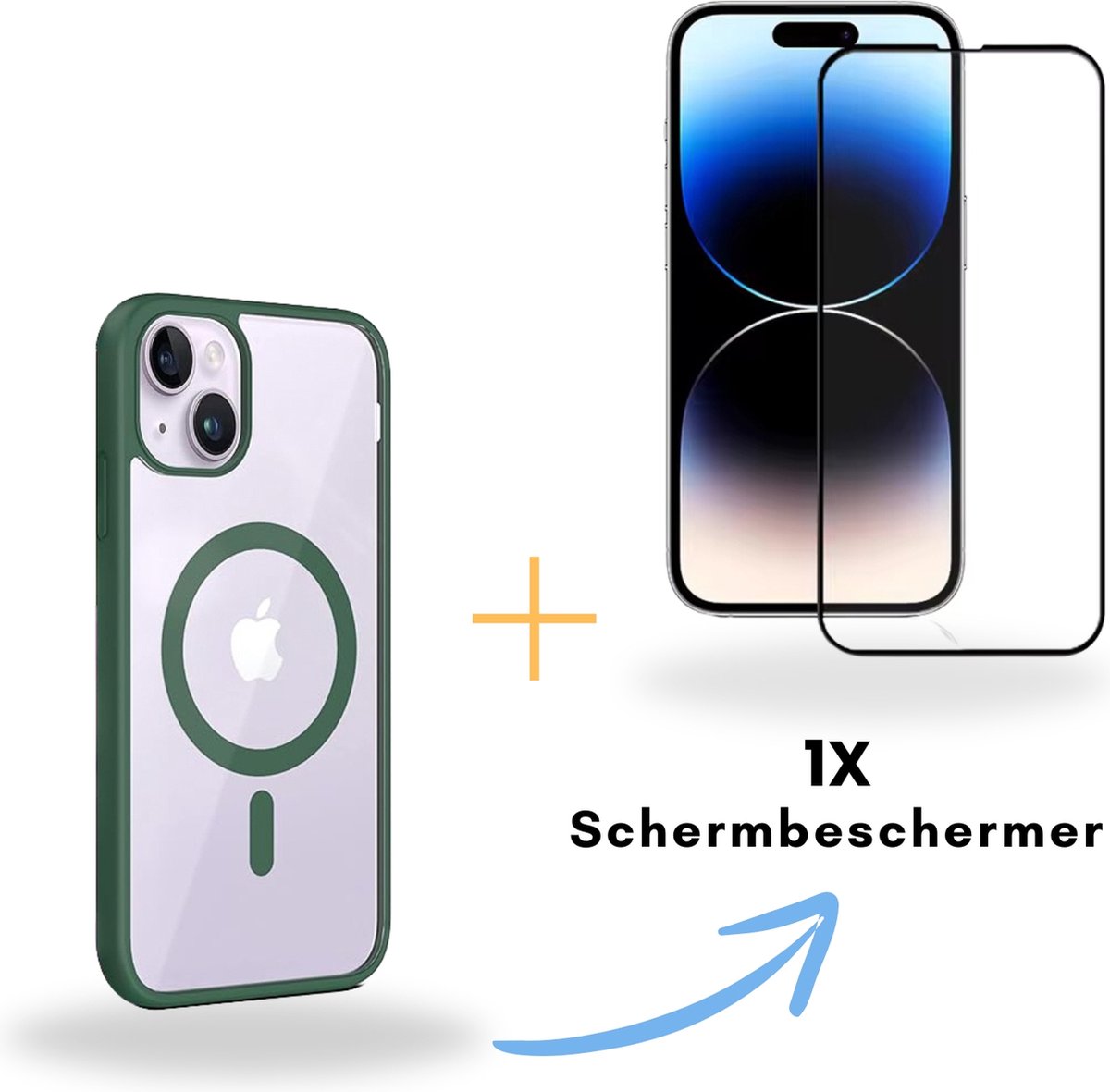 Optimity hoesje voor iPhone 15 Clear Case Magnetic groen + Gehard Glas Schermbeschermer