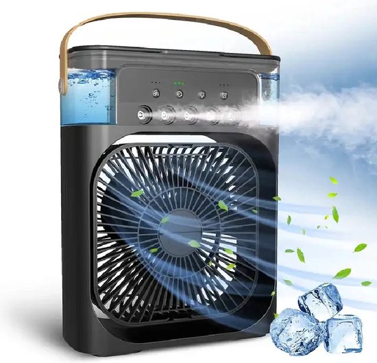 Draagbare 3-in-1 ventilator zwart – mini airco, luchtbevochtiger, aroma diffuser, USB koelventilator, 3 snelheden, sfeerverlichting
