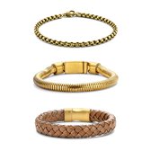 Frank 1967 7FR-SET044 Armbanden Set - 3 Armbanden - Cadeau voor hem - 20cm - Fashion - Stoer - Leer - Goudkleurig - Licht Bruin