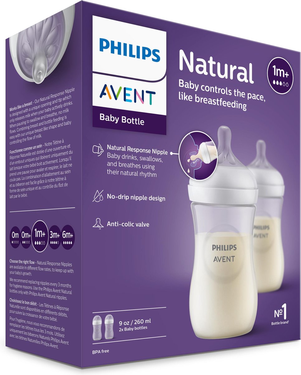 Philips Avent - Lot De 2 Biberons Réponse Naturelle 260ml + Tétines Débit 5 | Anti-Colique 0% BPA