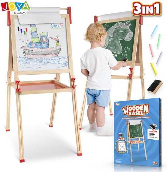 Foto: Joya creative houten tekenbord voor kinderen 3 in 1 tekenbord magnetisch krijtbord whiteboard papierenrol inclusief whiteboard markers gekleurde krijtjes wisser duurzaam fsc materiaal in hoogte verstelbaar