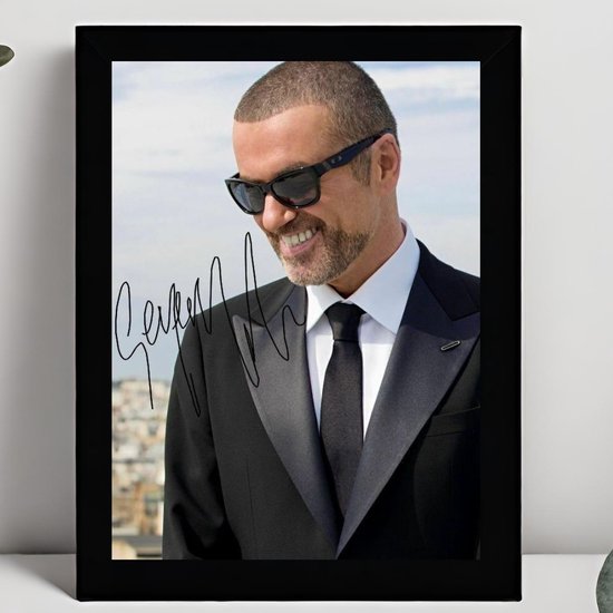 Signature encadrée George Michael – 15 x 10 cm dans un cadre Zwart Classique – Signature imprimée – Georgios Kyriacos Panagiotou – Wham! - Faith - Plus âgé