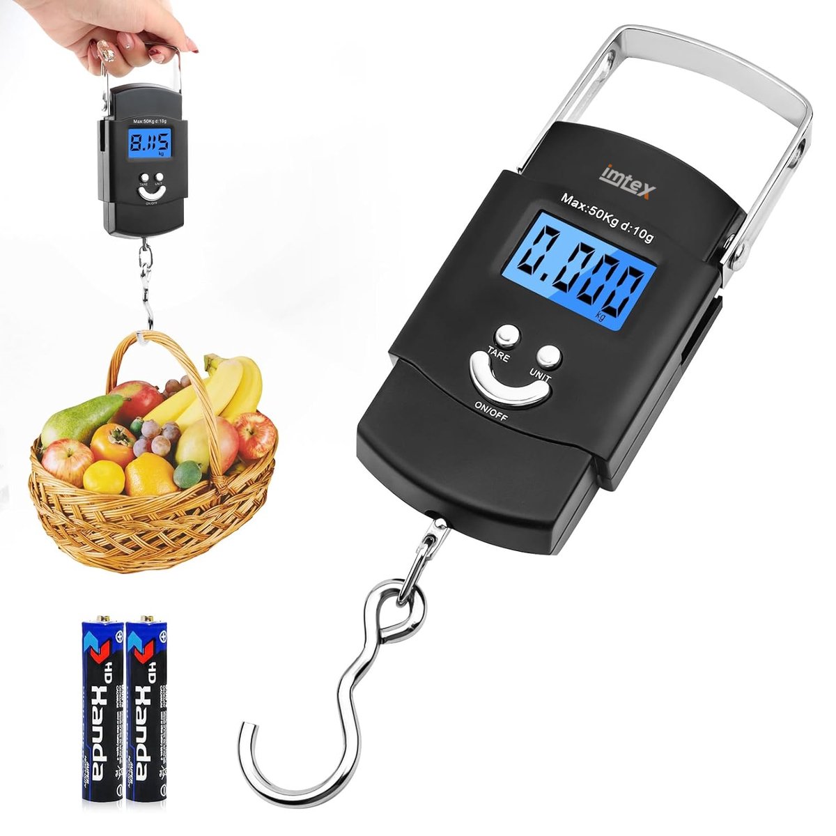 Imtex Hangweegschaal - Kraanweegschaal - Draagbare Weegschaal - Bagageweger - Tarra Functie - Tot 50kg - Inclusief 2 Batterijen - Zwart