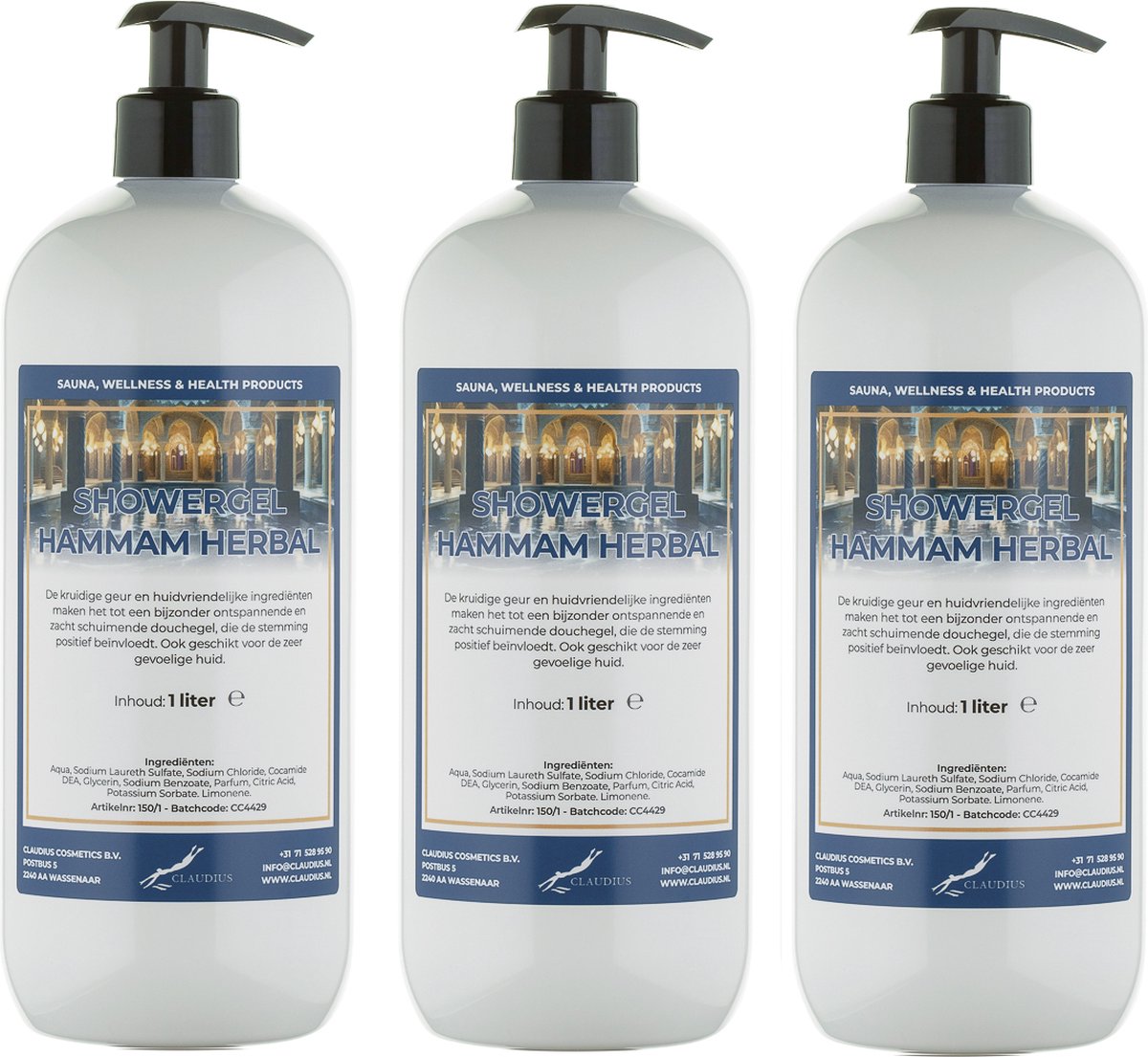 Goedkoopste Douchegel Hammam Herbal 1 liter - set van 3 stuks - met gratis pomp - showergel