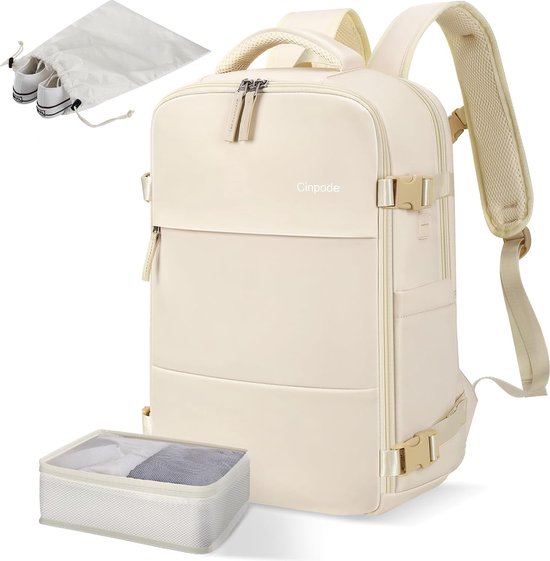 Reisrugzak voor dames, handbagage, reisrugzak voor 15,6 inch laptop, anti-diefstal, waterafstotend, rugzak, vliegtuig, handbagage, reisrugzak voor dames, voor werk, school, reizen (beige)